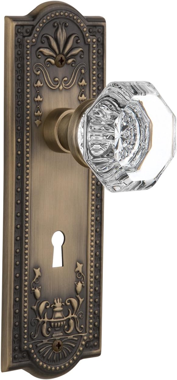 Nostalgic Warehouse Meadows Plate with Keyhole Waldorf Crystal Knob, Mortise - 2.25", Antique Brass