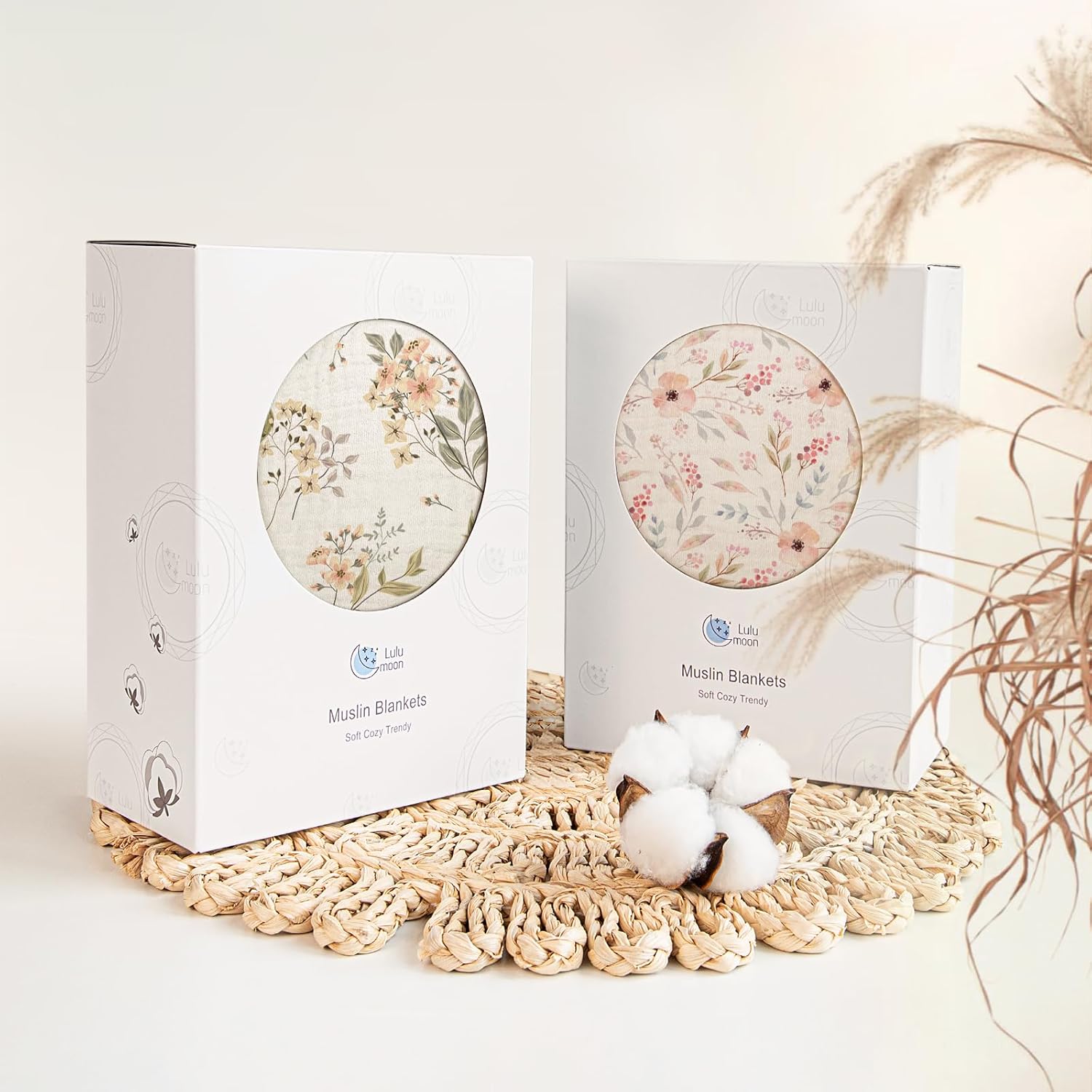 lulumoon Muslin Baby Blanket for Girls - Soft Cotton for Newborn - 4 Layer Reversible Breathable Floral Receiving Blanket for Nursery Crib and Stroller 47"x47" (Ivory Flower)