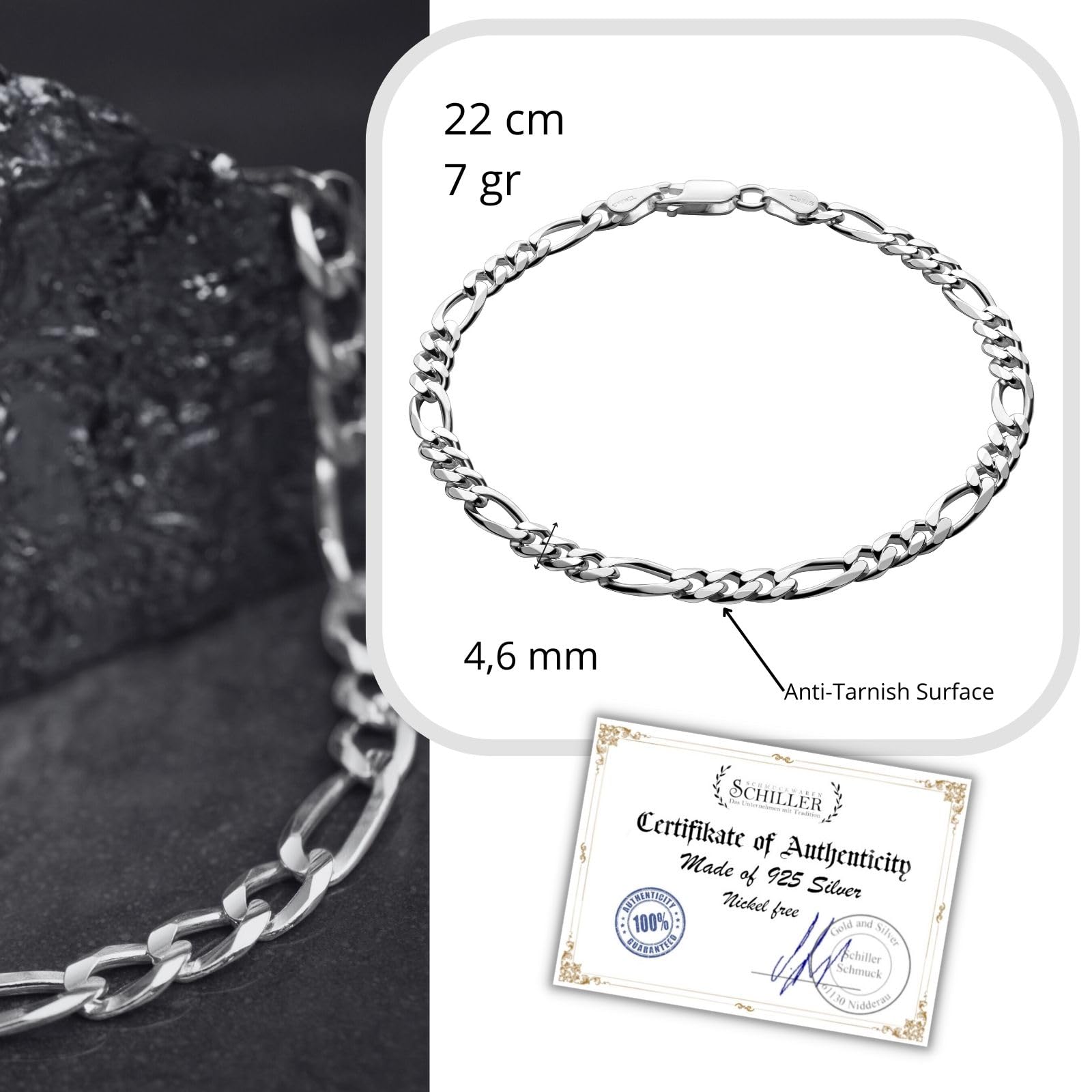 Herren-Armband aus massivem 925 Silber, ideal als Geschenk für Mann oder Freund, mit Schmuckbox