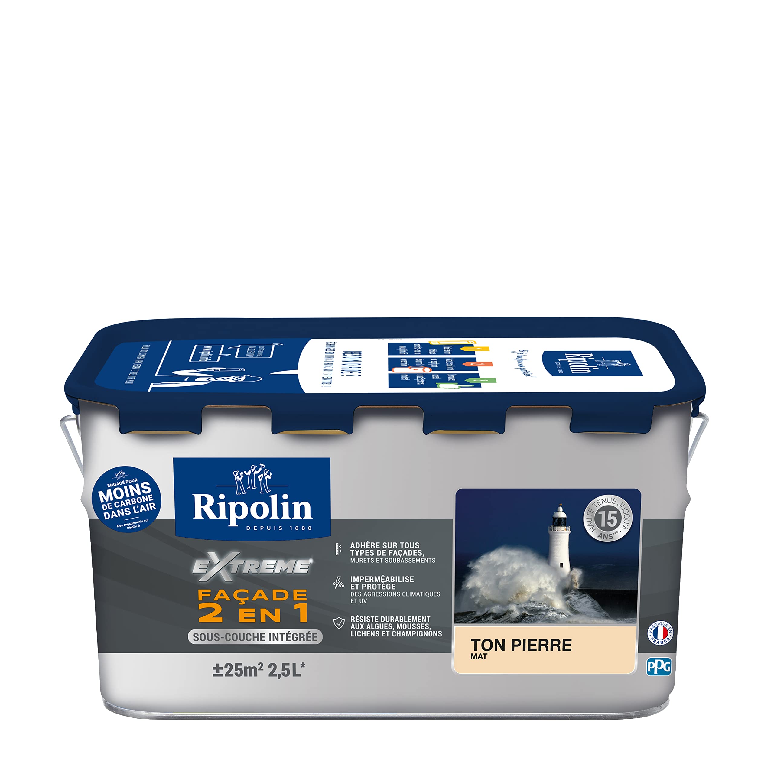 RIPOLIN - Peinture Façade 2 en 1 Extrême Extérieur - Sous-Couche Intégrée - Très Forte Adhérence - Protection Contre Micro-organismes - Résistance aux UV et Intempéries - Mat - 2,5L - Ton Pierre