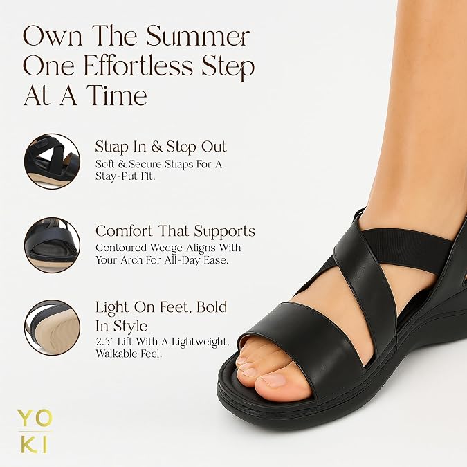 YOKI NOMI-02 Womens Summer Criss Cross Wedge Slides Elastic Strap Comfort Sandals, Slip On Wedge Sandals for Women