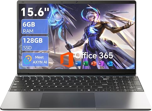 15.6" AI Laptop with Office 365, 6GB RAM 128GB SSD, Win 11 Laptops 7000mAh Battery, Portable Thin, IPS FHD, Quad-Core Processor, 180 Viewing, Type-C, WiFi 5, Business Student Laptops