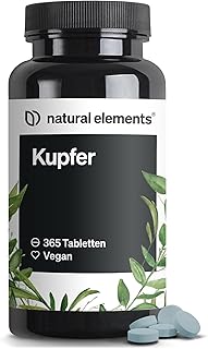 natural elements Kupfer – 365 vegane Tabletten – 2mg Kupfer pro Tagesdosis – geschmacksneutral, hochdosiert, ohne unnötige Zusätze – in Deutschland produziert & laborgeprüft