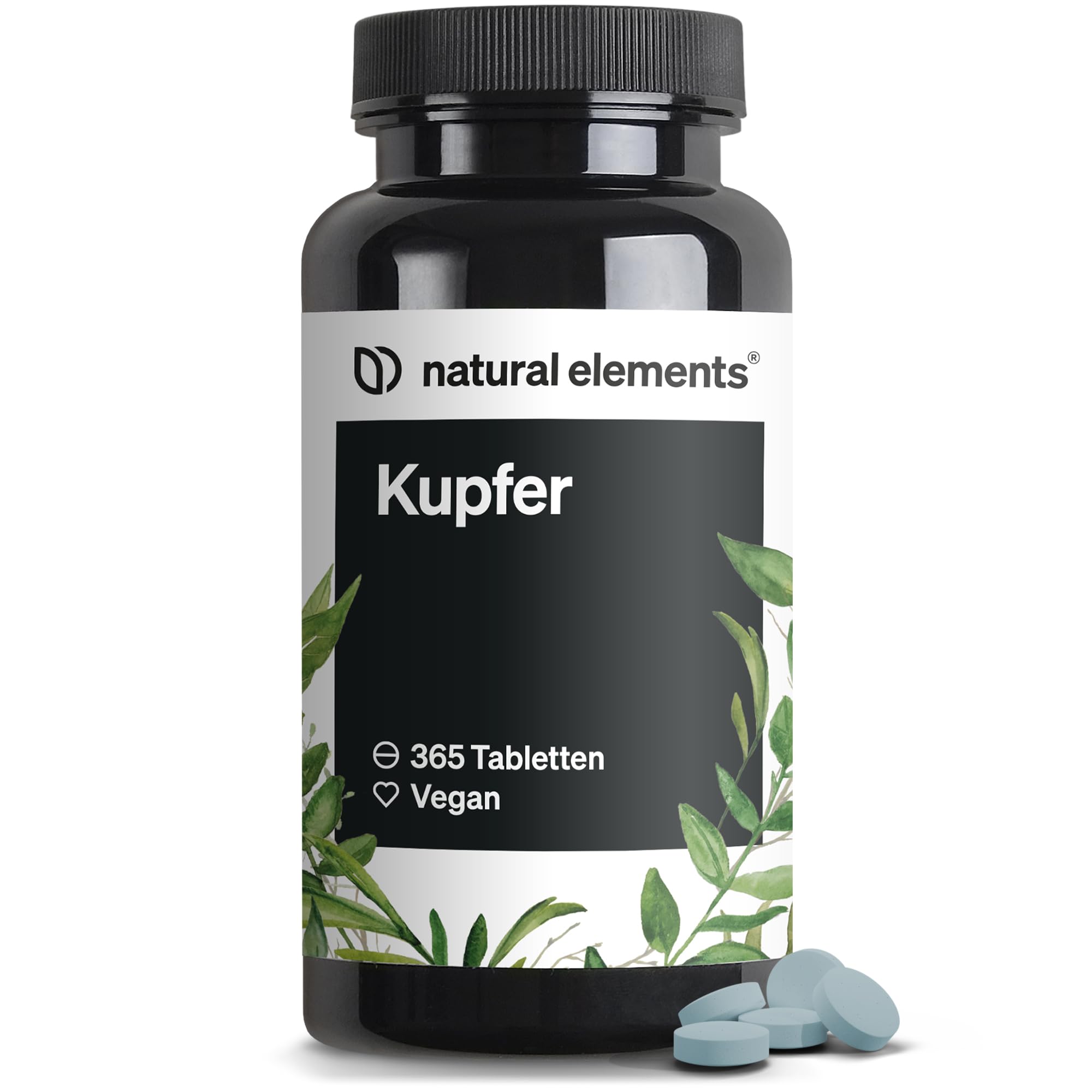 natural elements Kupfer – 365 vegane Tabletten – 2mg Kupfer pro Tagesdosis – geschmacksneutral, hochdosiert, ohne unnötige Zusätze – in Deutschland produziert & laborgeprüft