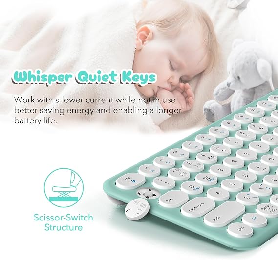 Wireless Keyboard and Mouse Set, XTREMTEC Compact Size Cute Retro Round Silent Keycap - 2.4GHz Ultra Slim Quiet Aesthetic Keyboard, UK Layout Compatible with Mac OS & Windows PC Laptop (Macaron Green)