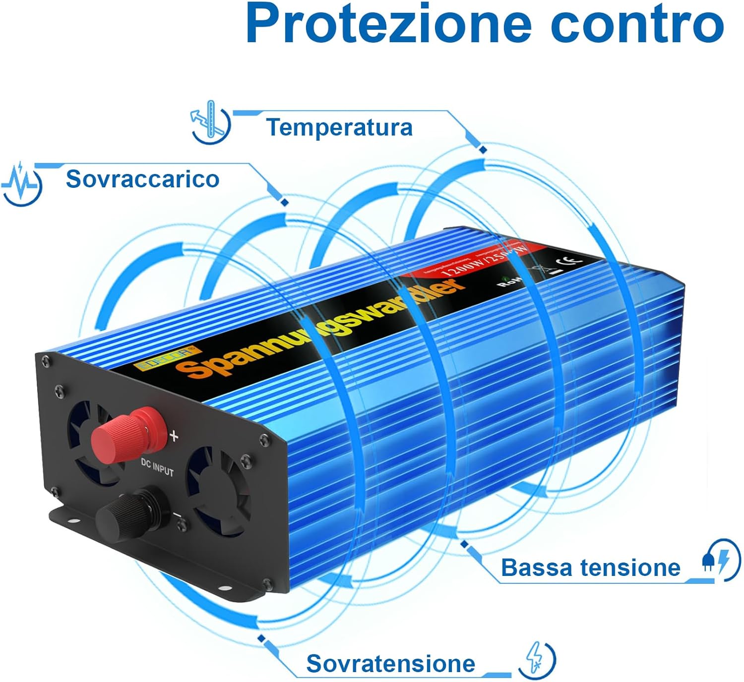 Diagram illustrating the various protection features of the inverter: overcurrent, temperature, low voltagе, оверволtagе, и преоптерећење.