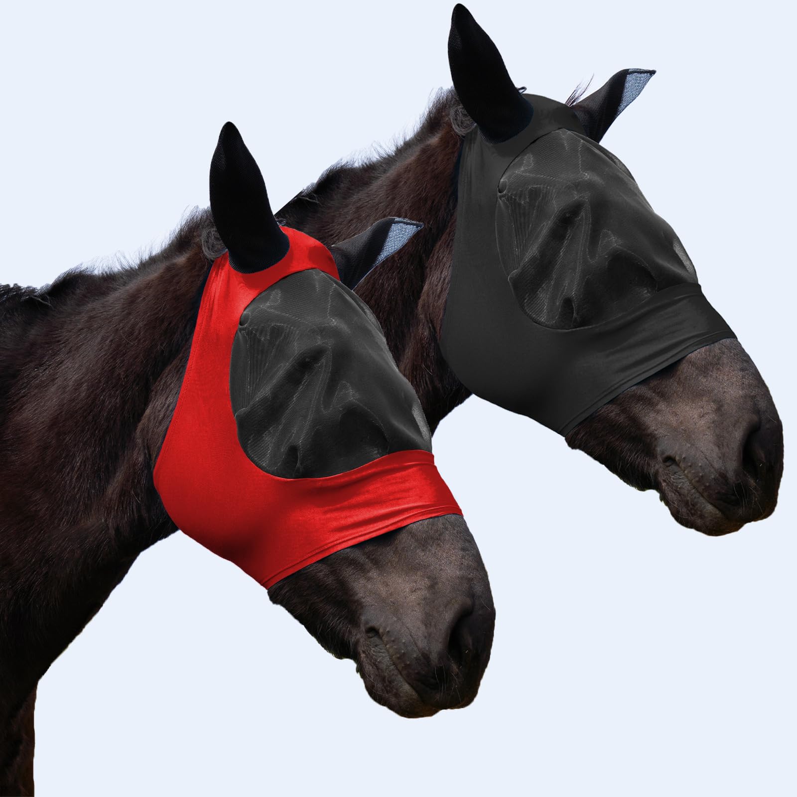 HUAME 2 Piece Horse Fly Mask with Ears, Comfortable Fit Stretch Fabric Big Eye Space Soft Breathable with UV Protection for Full Horses (Red-Black)