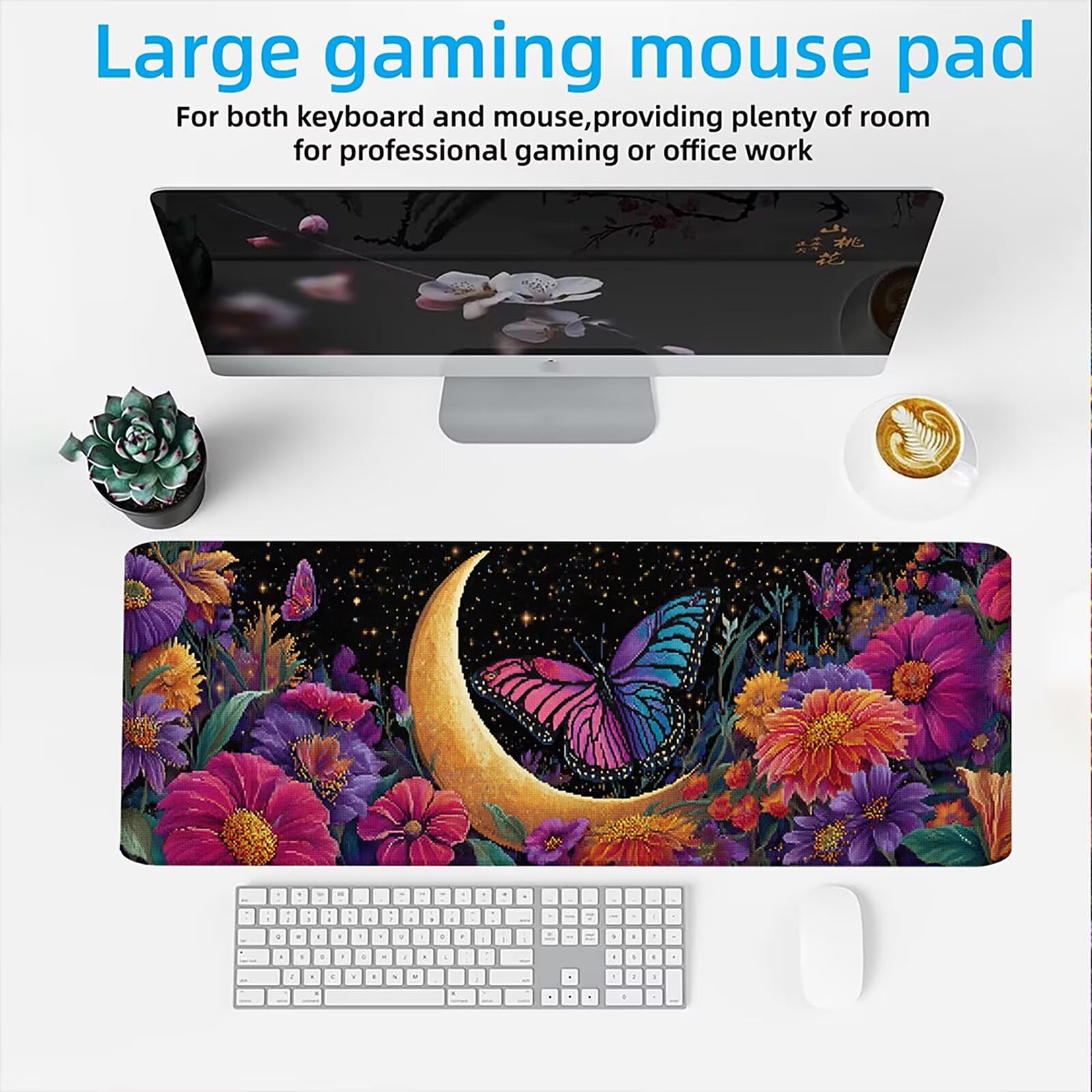 Tapis de Souris XXL 1500x800mm Desk Mat, Large Tapis de Bureau Multifonctionnel et Etendu, Protection Bureau avec Base Anti-Dérapage, pour Tous Types de Souris Gaming - La Lune des Papillons C0P-846