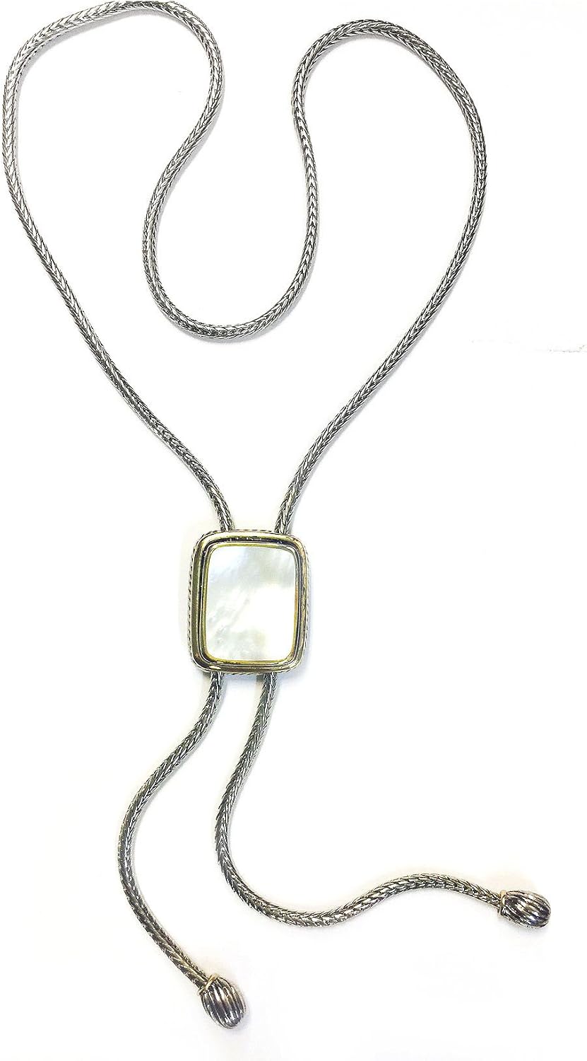 Two Tone Rhodium Plated Brass Fox Chain Mother of Pearl Cable Pendant Lariat Sliding/Adjustable Necklace - 30"