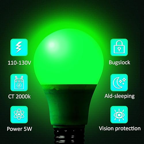 Miniatura 5 de Bombillas LED A19 de color verde, 5 vatios (equivalente a 40W), base E26, para fiesta de boda, Halloween, Navidad, bar, decoración ambiental