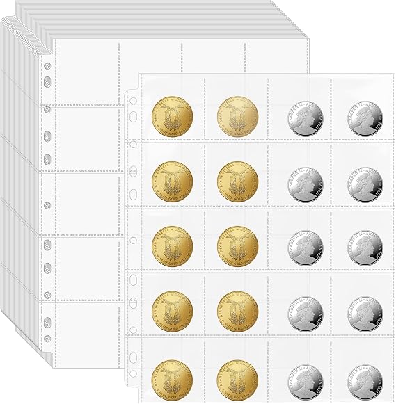 VOKOY 1000 Pockets Coin Pages, 50 Sheets Clear Coin Sleeves for 2 x 2 Cardboard Coin Holders Plastic Stamp Collection Supplies Organizer Sheet Protective Photo Slide Pages for Collectors