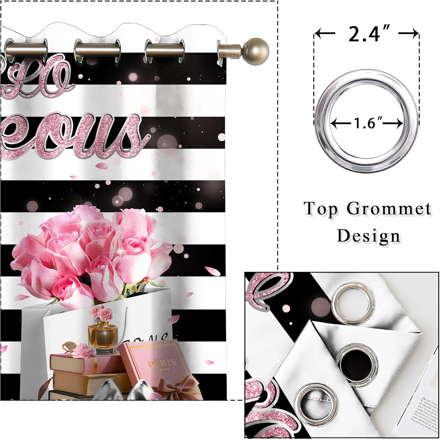 Pink Rose Black White Striped Curtains,Romantic Pink Flower Petals Blackout Curtain,4263inch Fashion Gift Bag Book Perfumery Lipstick Drapes for Women Bedroom Living Room 2Panel HI08DX