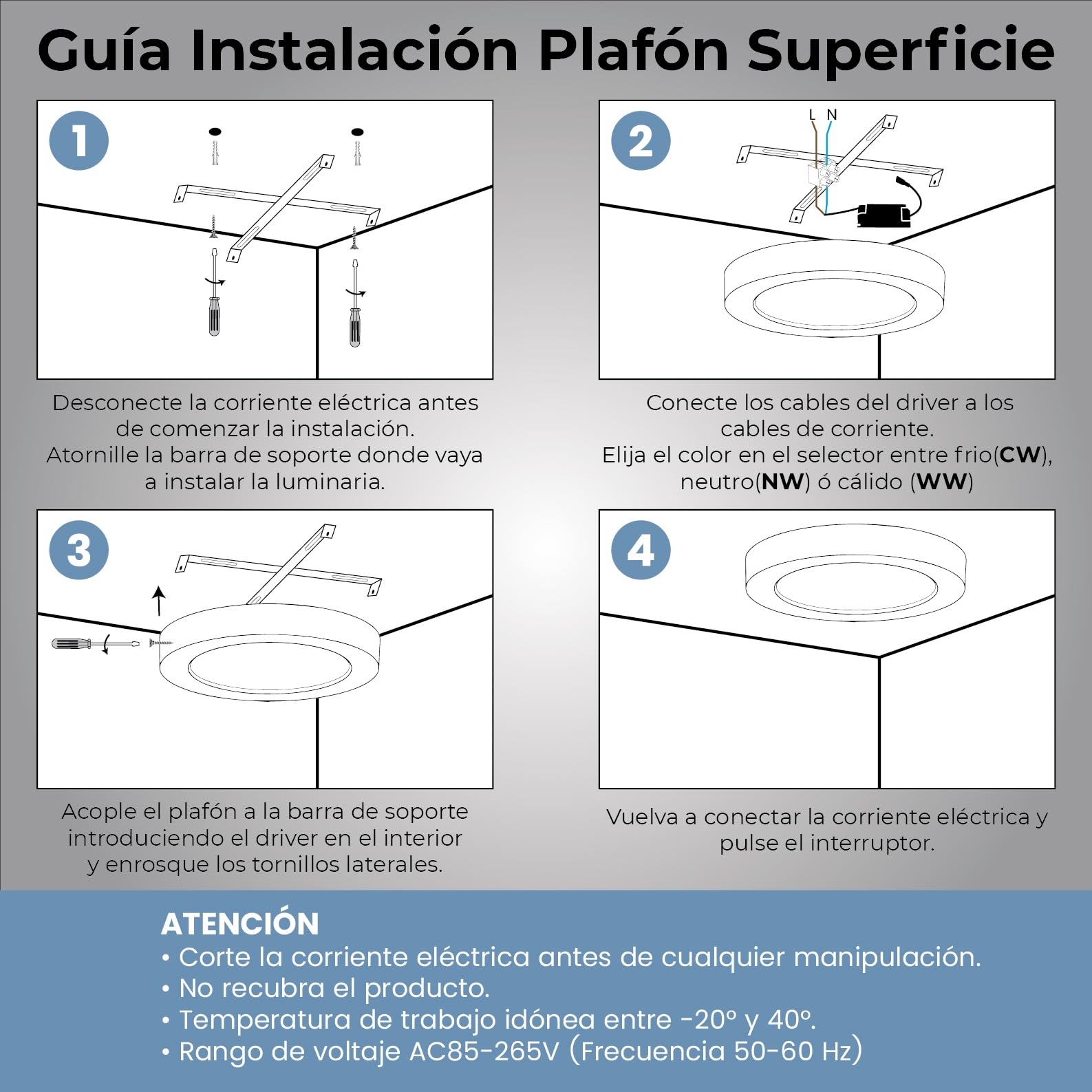 LED ATOMANT Plafon LED Superficie 60cm 48W CCT 3000-6500K 5500lm | Con Selector de color CCT, Driver incluido
