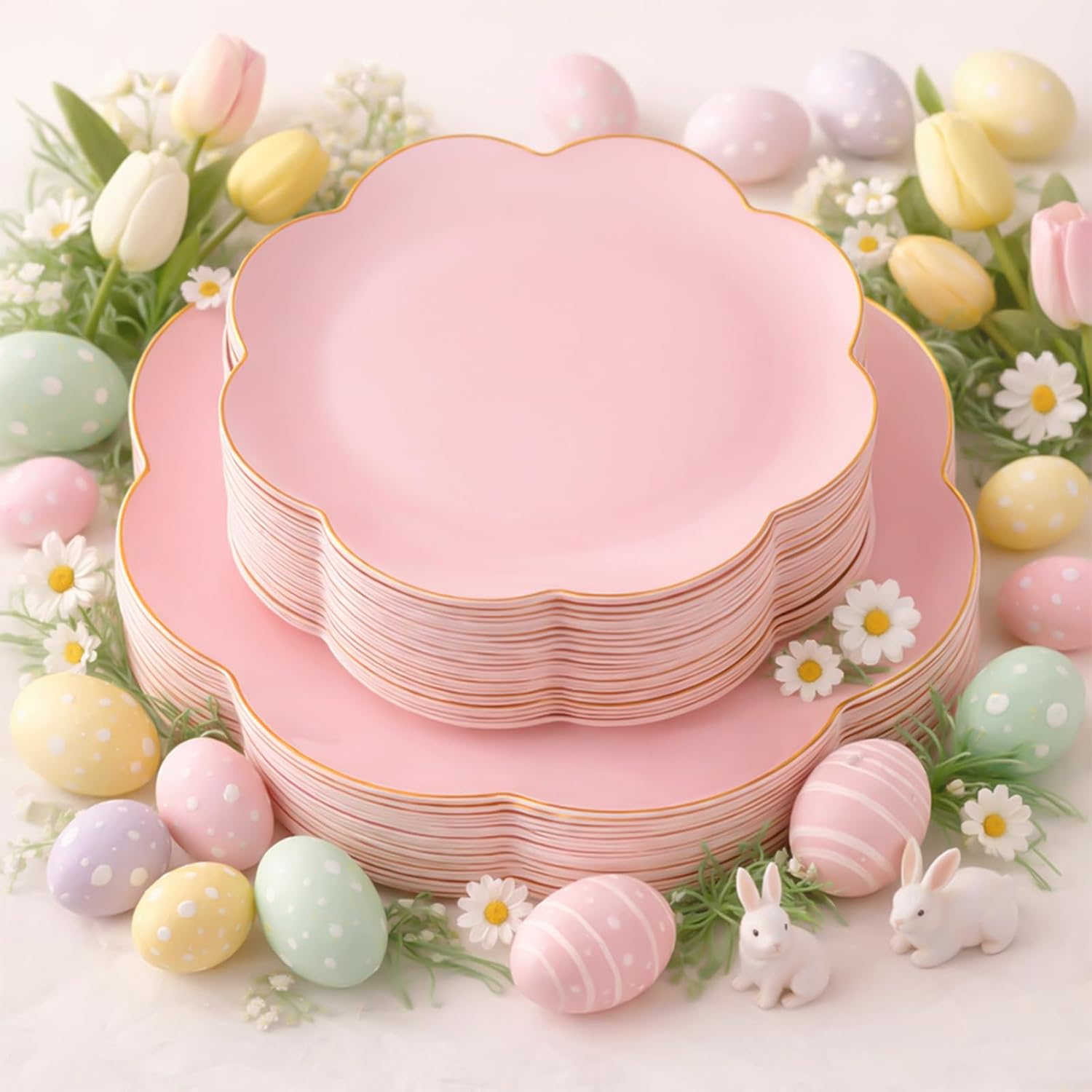 supernal 60pcs Pink Plastic Plates with Gold Rim Heavy Duty Scalloped Plastic Plates Disposable Includes:30 Dinner and 30 Dessert Plate Perfect for Easter Mother's Day and Valentine's Day