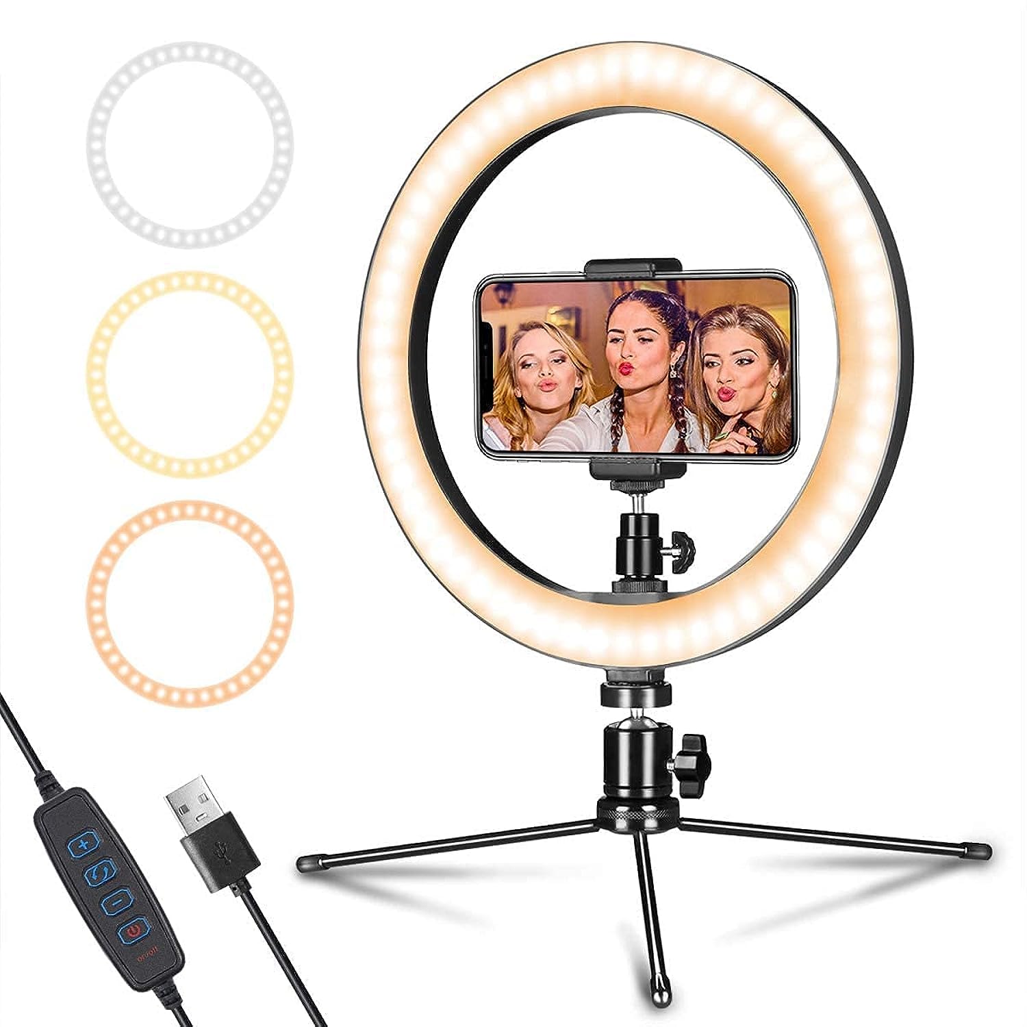 COOLBABY LED Ring Light 10" with Tripod Stand & Phone Holder for Live Streaming & YouTube Video, Dimmable Desk Makeup Ring Light for Photography, Shooting with 3 Light Modes & 10 Brightness Level