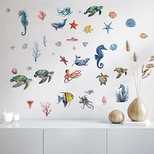 Miniatura 6 de CRASPIRE 8 estilos de calcomanías de pared de vida marina, tortugas, ventanas, pelar y pegar, medusas, caballito de mar, estrellas de mar, bajo el