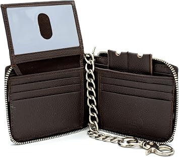 محفظة جلدية آمنة RFID بسلسلة قابلة للطي للرجال بسحاب حولها محفظة للنساء راكبي الدراجات النارية وسائقي الشاحنات YKK إغلاق بسحاب معدني نافذة قابلة للطي معرف بني مع سلسلة