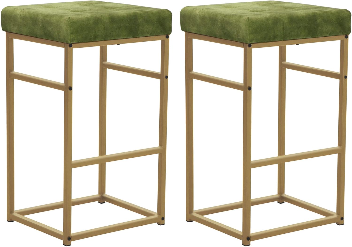 GIA 30-Inch Bar Height Square Backless Metal Stool with Green Velvet Cushion, Gold, Set of 2