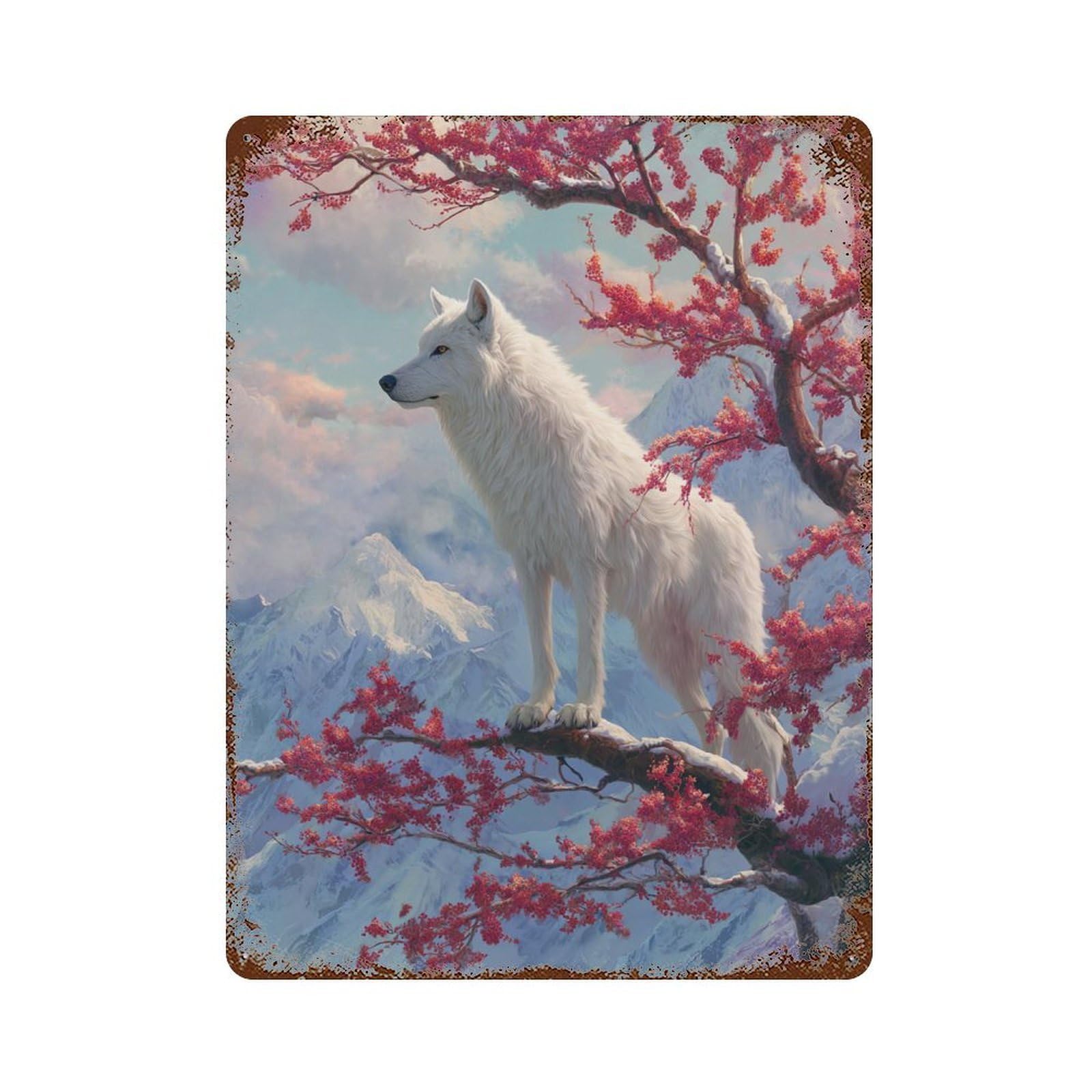 Garage Style Winter Wolf in Blossom Tree Distressed Metal Wall Sign 15.7"x11.8", Shabby Chic Decor for Bar And Workshop