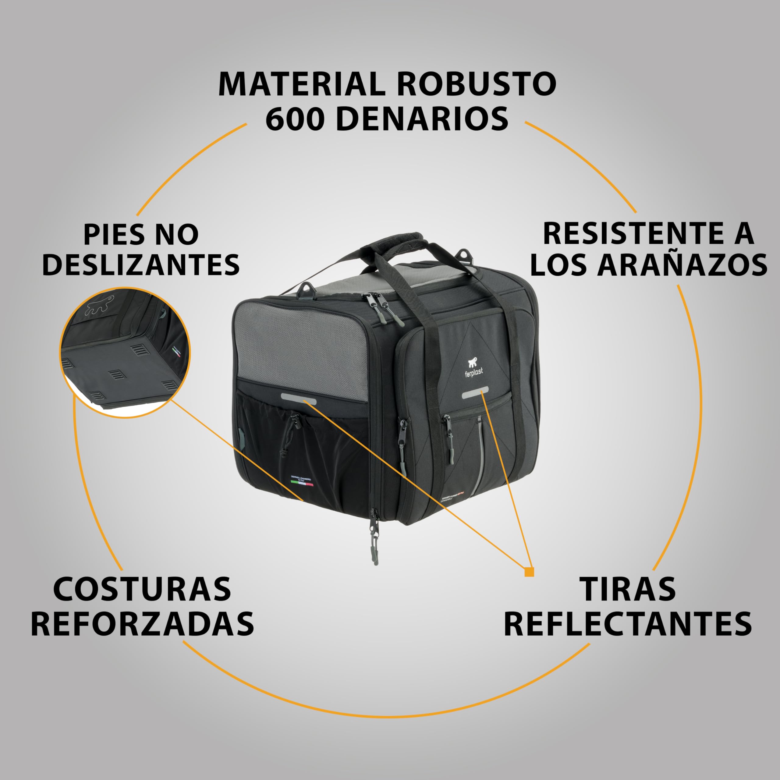 Ferplast Transportín Gato Voyager Pro, Transportín Perro, Mochila para Gatos, Asas y Bandolera Regulables, Correa de Seguridad, Extensible, con Cojín, Máx. 15 kg, 49x37x39h cm, Negro
