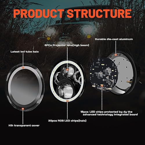 Miniatura 5 de 7 '' RGB Halo LED Faros Segunda Generación Ángel Ojos con Luz de Señal de Giro Ámbar Multicolor Bluetooth Control para Jeep Wrangler JK LJ Sahara