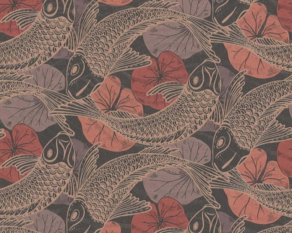 CONCORD WALLCOVERINGS ™ Ethnic Modern Textured Wallpaper Featuring Koi Fish, Black Brown Red, 21in x 33Ft(56sqft);378595