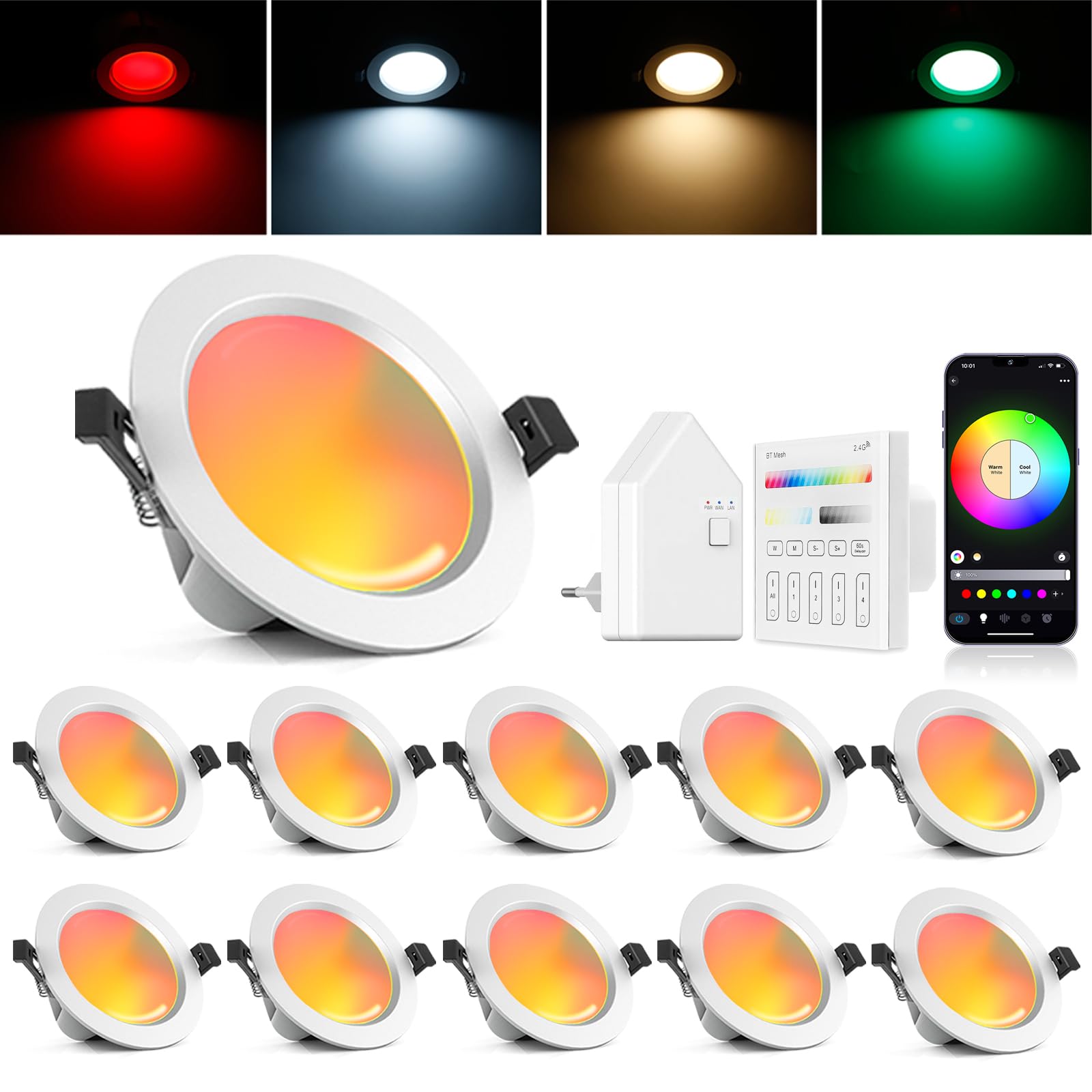 9W RGBWC+CCT LED Einbaustrahler 230V, 10er WiFi Bluetooth LED Einbauleuchten Dimmbar LED Deckenspot Flach Einbauspots Alexa, RGB+2700K-6500K, APP Steuerung, Kompatibel mit Alexa Google Home | Dimmbar LED Deckenspot Flach Einbauspots Alexa, RGB+2700K-6500K