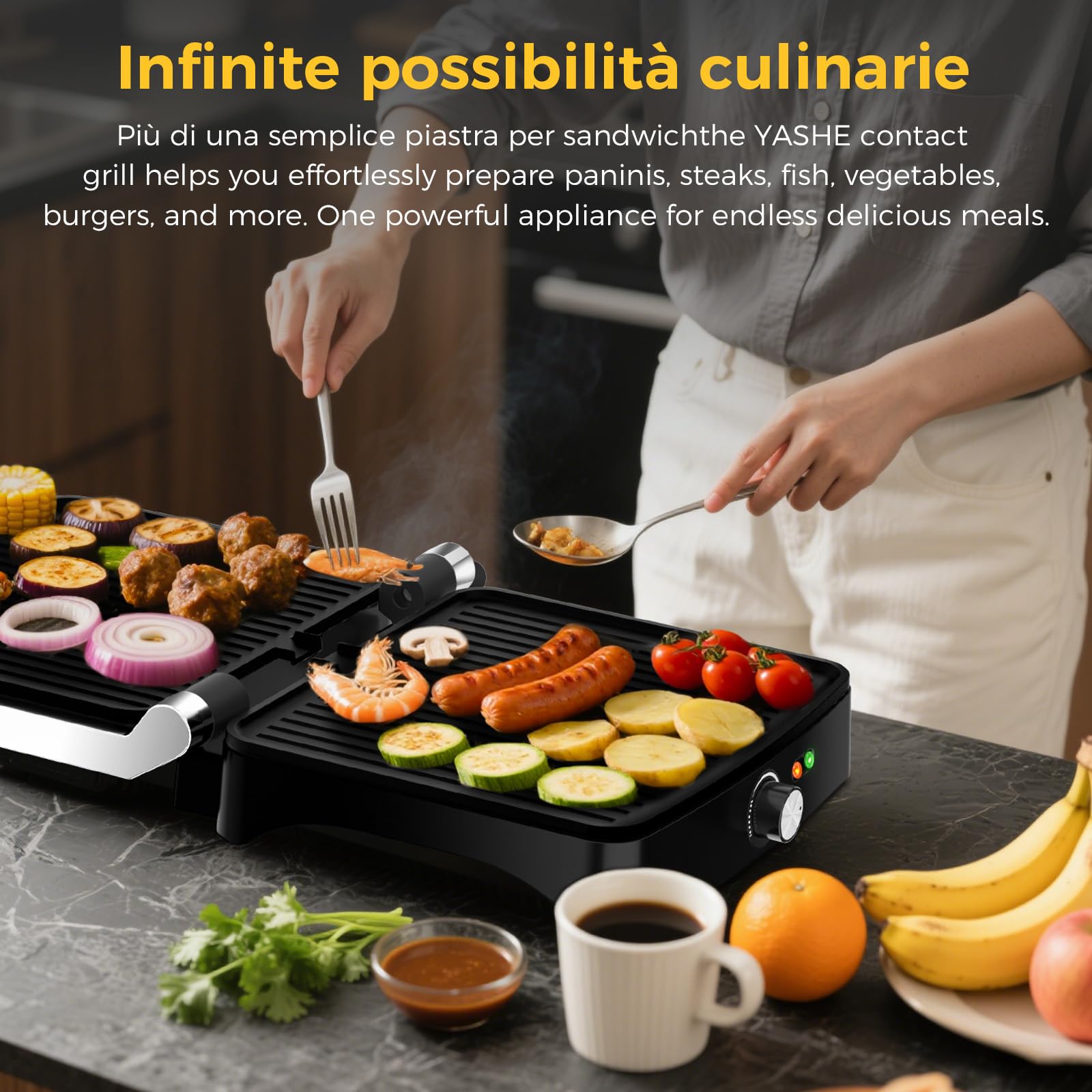 YASHE Piastra Panini 2000W, Tostiera 4 Fette, Griglia Elettrica Apribile 180°, Temperatura Regolabile, Piastre Antiaderenti Non Removibili, Manico Termoisolato
