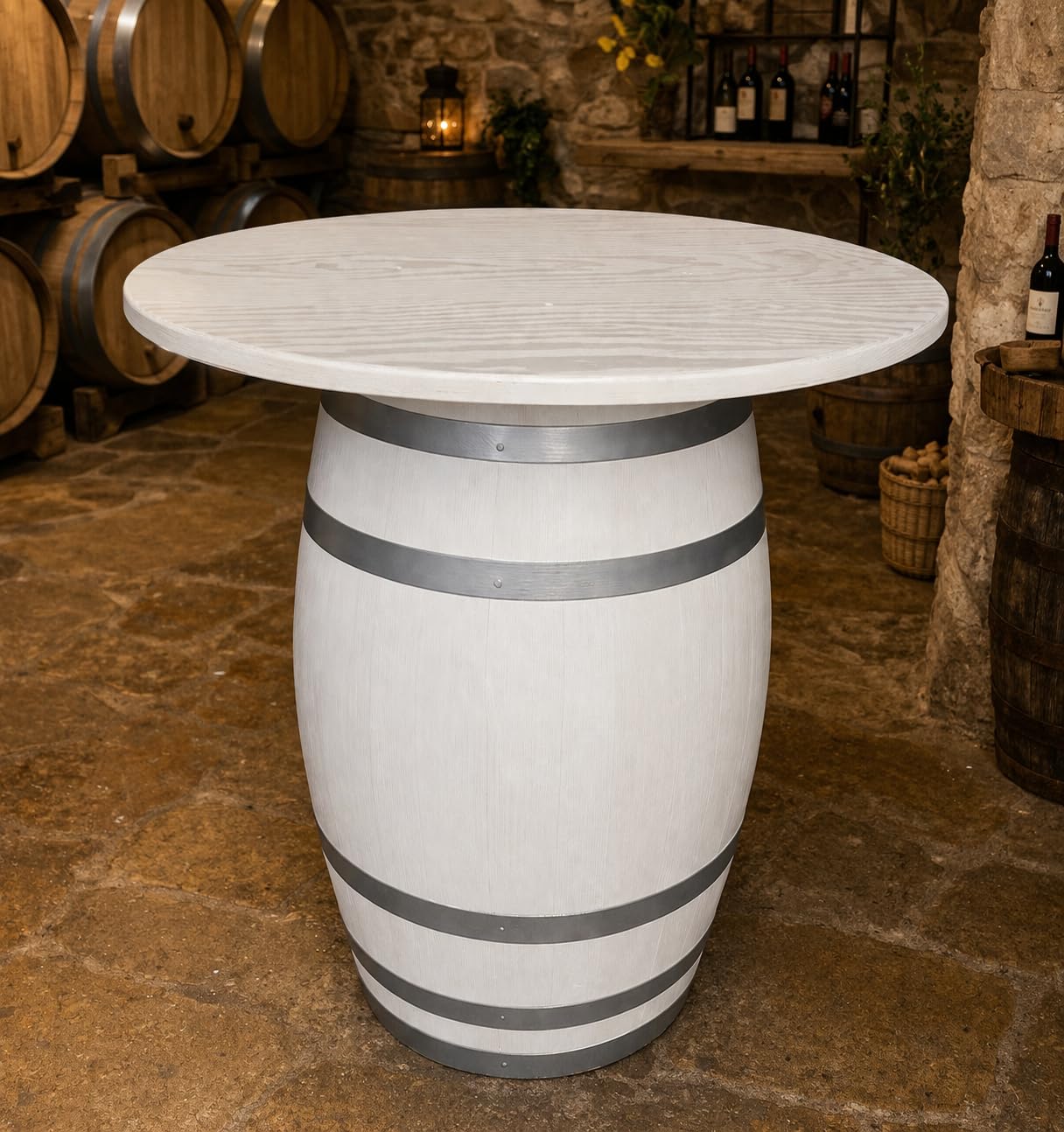 Botte Tavolo da 100 Verniciato bianco con i cerchi argentati, Altezza 85 cm, Diametro 80 cm