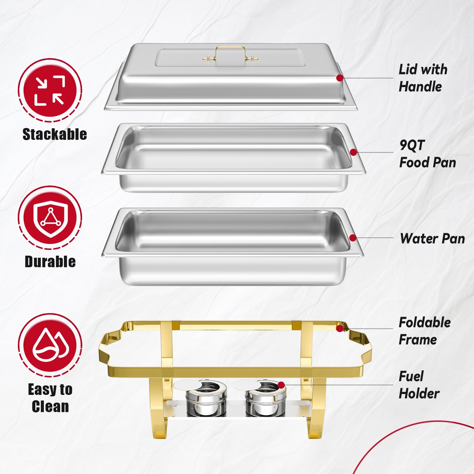 IMACONE Juego de 4 platos dorados de acero inoxidable de 9 cuartos de galón y calentadores de buffet, 7 sartenes con sartén completa de 1/2, 1/3 para alimentos y agua, tapa, marco plegable, soporte de