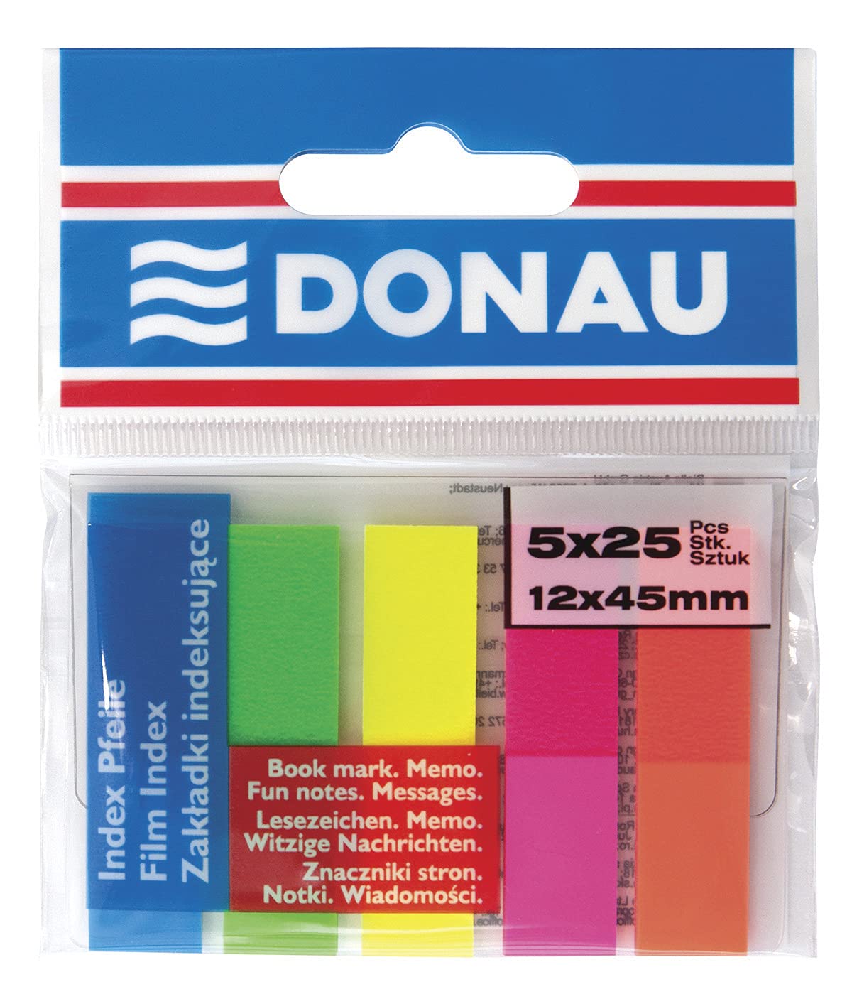 DONAU 7577001PL-99 Index Tabs Sticker Lesezeichen Haftstreifen/Mini-Haftmarker aus 60 μm PP-Folie/ 12x45 mm, 5x25 Stück, Textmarker-Streifen Beschreibbare/ Verschiedene Neon Farben