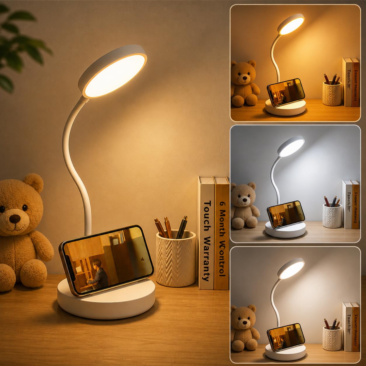 SaleOn Rechargeable LED Study Table Lamp with Mobile Holder, Touch Control, Stepless Dimming, 3 Color Modes, USB Charging, Eye Care Desk Light for Reading & Study | 6 Month Warranty