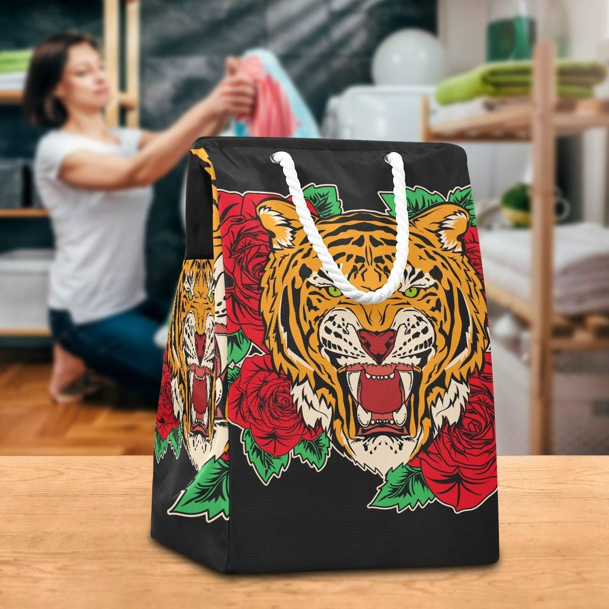 Tiger Rose Premium großer Wäschesack, freistehend, zusammenklappbar, mit Tragegriffen