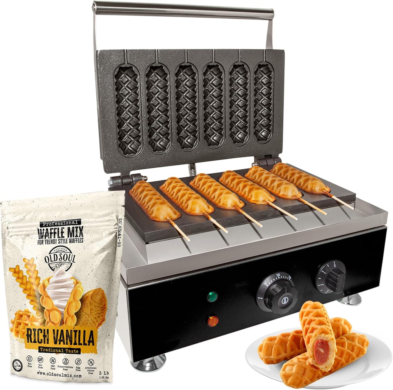 Corn Dog Waffle Maker for Commercial Use | Hotdog Waffles on a Stick | Stainless Steel | 110V (6 Pcs)