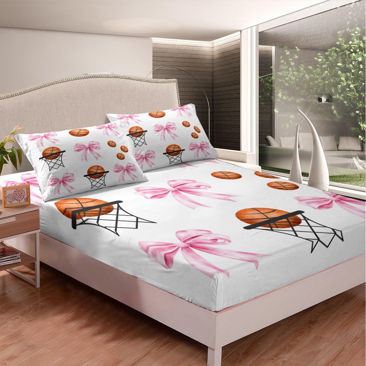 Basketball Fitted Sheet Full for Boys Kids Teens Bedroom,Girls Sport Bow Bedding Set(No Top Sheet),Pink Bowknot Basketball Hoop Bed Sheet,Girly Sport Bed Cover,2 Pillowcases image 2
