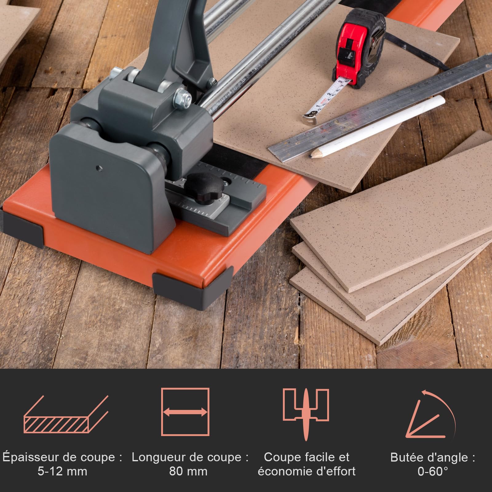 SOARS Coupe Carrelage 800 MM, Coupe Carreaux Manuel de Précision avec Butée d'Angle de 0 à 60 °, Épaisseur de Coupe 5 à 12 MM, Carrelette Sûre avec Poignée Ergonomique et Tapis Antidérapant