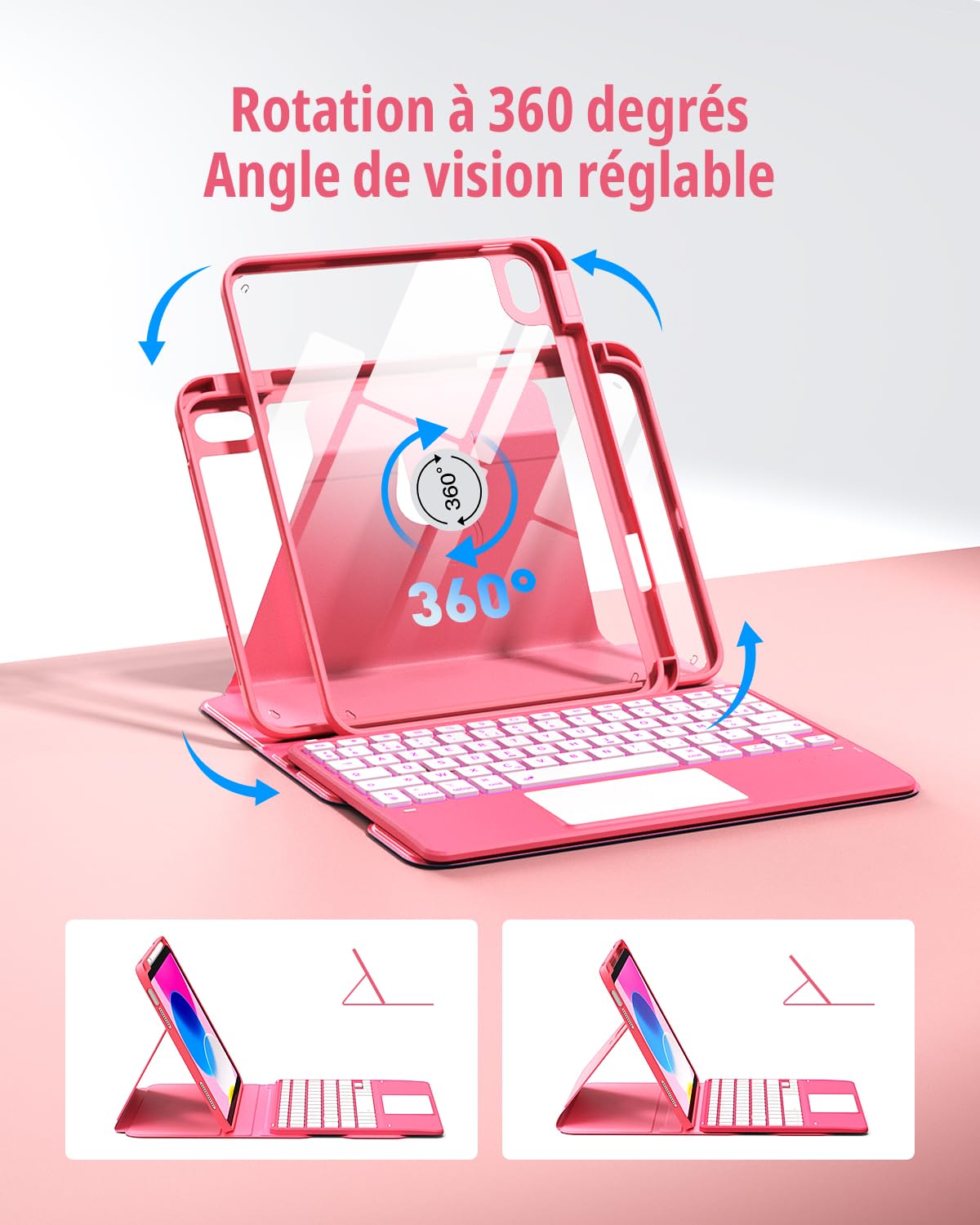 CACOE Étui Clavier Rotatif 360° pour iPad (A16) 11/10 EME Génération (11"/10,9") 2025/2022 avec Pavé Tactile, Rétroéclairage 7 Couleurs, Clavier sans Fil Détachable avec d'assistance, Rose