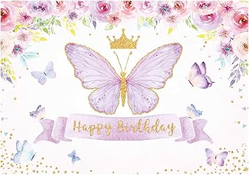 Amazon Com Funnytree 7x5ft Feliz Cumpleanos Mariposa Partido Telon De Fondo Purpura Bebe Ninas Princesa Rosa Floral Oro Fotografia Fondo Ninos Dulce Pastel Mesa Banner Decoracion Suministros Electronica