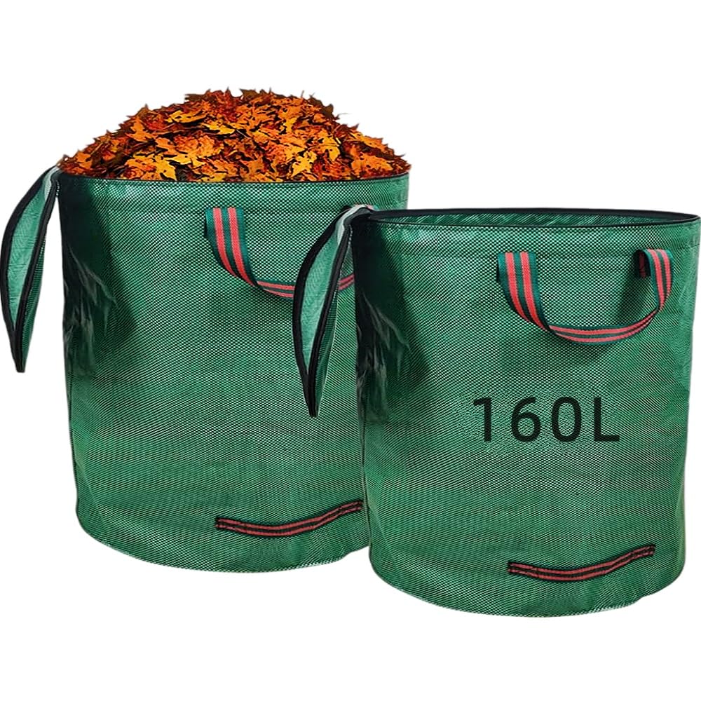 2 Sacchi Giardinaggio 160L con Coperchio a Zip, Pieghevoli con 4 Maniglie Antistrappo, Riutilizzabili e Impermeabili per Raccogliere Foglie, Erba e Rifiuti da Giardino