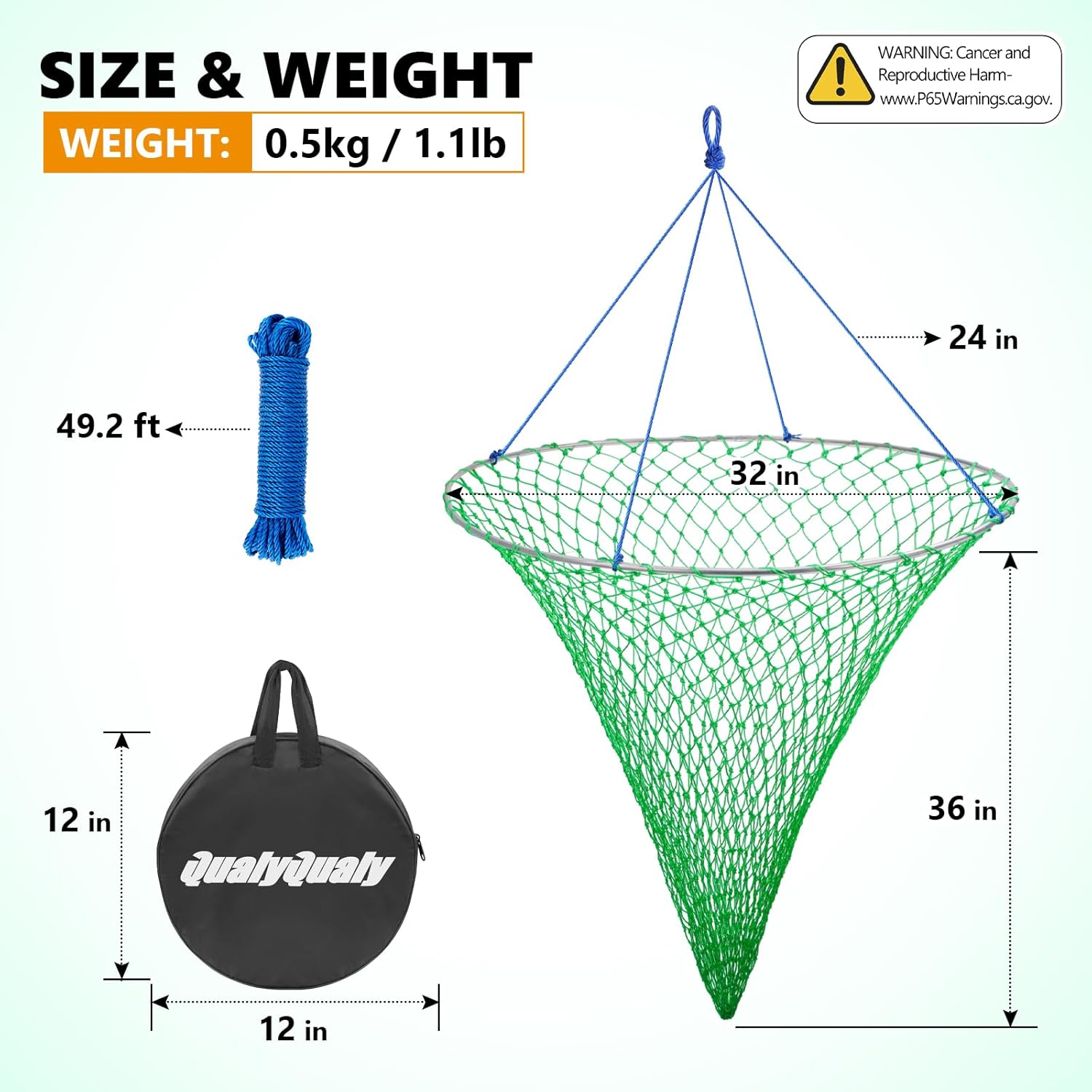 QualyQualy Large Bridge and Pier Fishing Net 32''/39'' Hoop, Foldable Drop Net Pier Fishing for Saltwater with Rope, Landing Net with Nylon Mesh, Collapsible Soft Steel Ring
