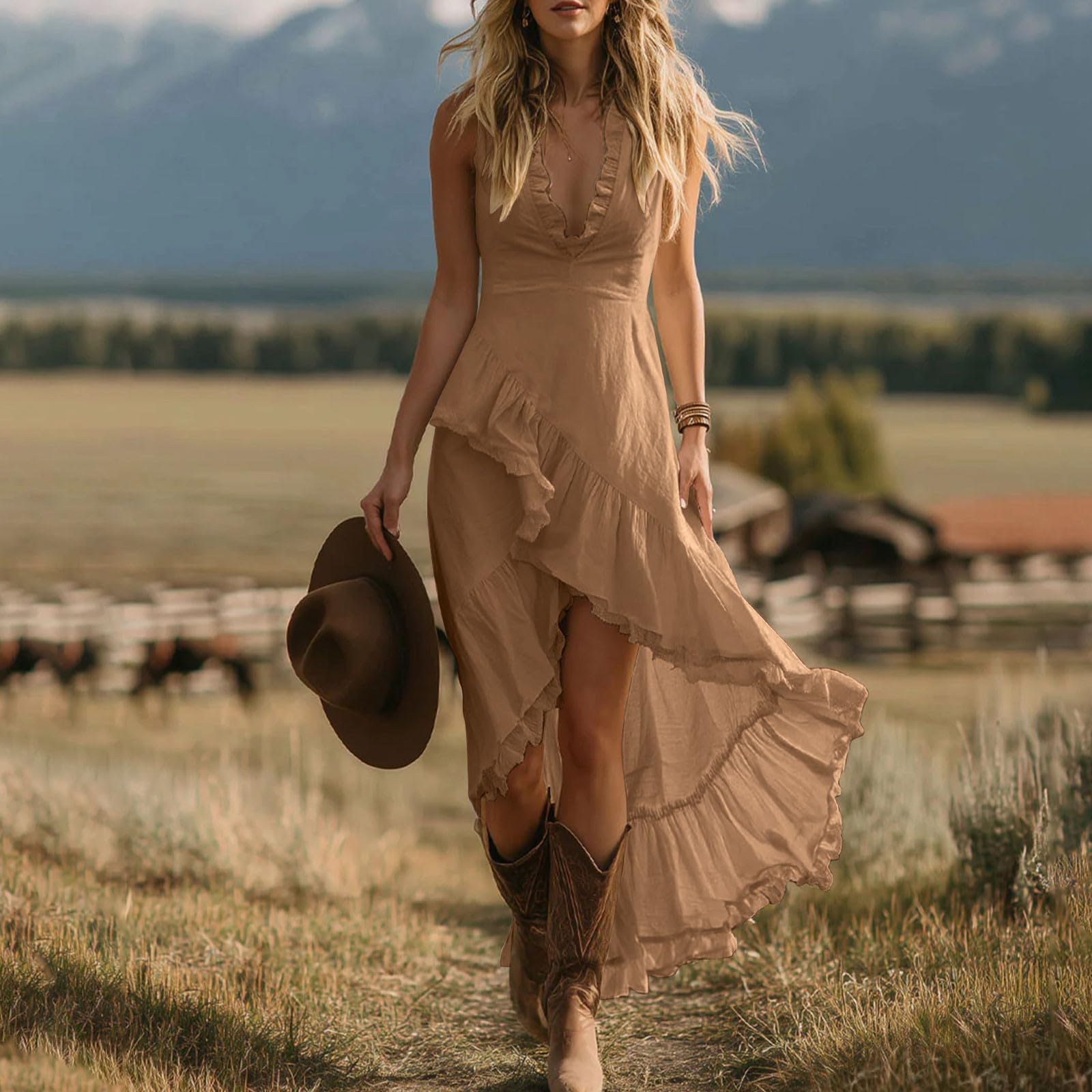 Generico Vestito Lungo Senza Maniche Estivo Donna Stile Boho Casual Collo a V con Volanti Gonna Asimmetrica a Balze Abito Bohémien Elegante per Vacanze Mare Matrimoni Estivi