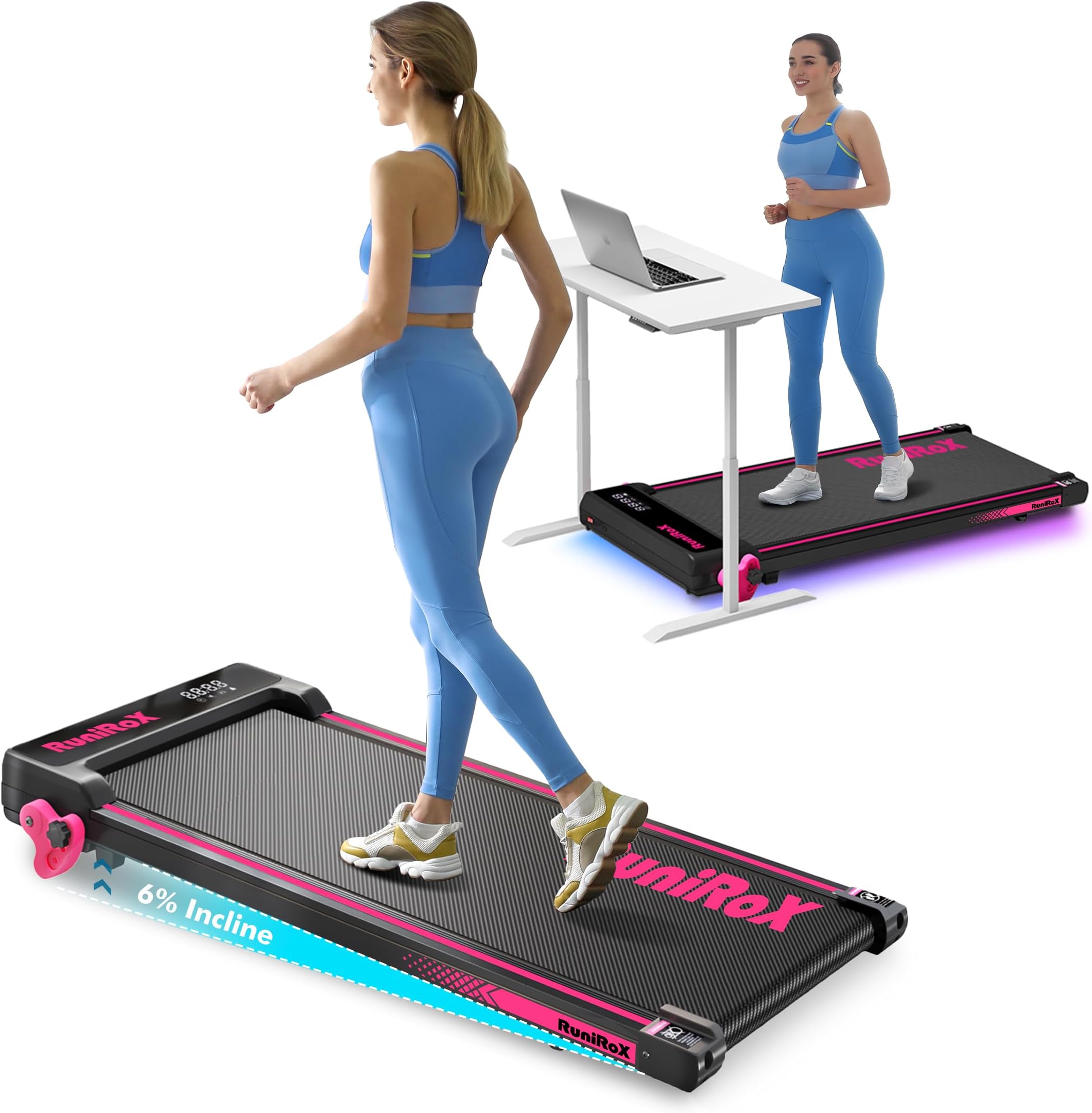 RuniRoX Walking Pad Treadmill with Incline, Under Desk Treadmills for Home Office, 3 in 1 Portable Treadmill with APP, LED Display