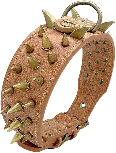 Miniatura 2 de Berry Pet Collar de perro de cuero con púas de 2 pulgadas, remache afilado antimordidas para perros Pit Bull medianos y grandes, cuello marrón para