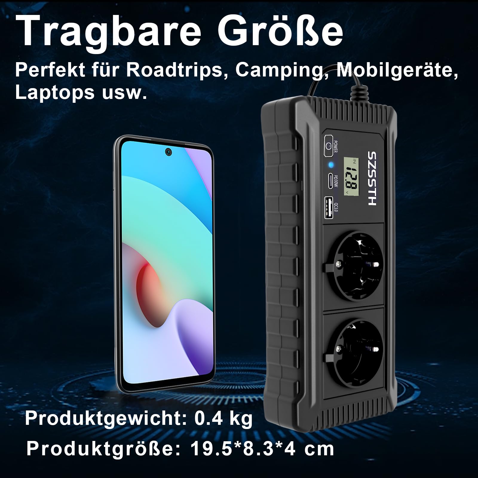 200W Auto Wechselrichter 12v auf 230v Spannungswandler mit PD USB-C und USB-A Anschluss, Auto Steckdose Inverter 12V 220V für Campen Reisen Handys Laptop Pad Und Mehr
