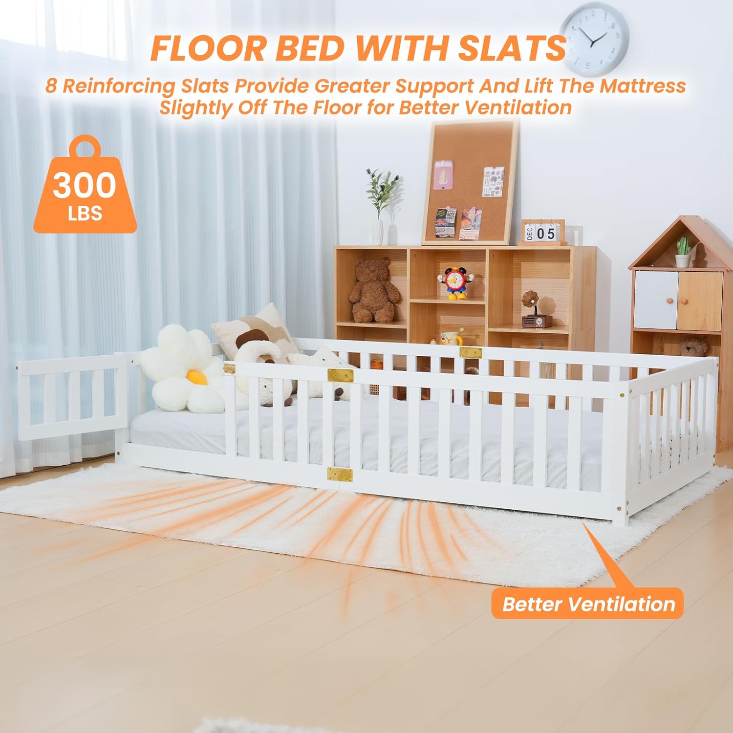 NAIZEA Twin Floor Bed for Kids-Twin Montessori Bed Frame with Wood Slats and Door and Slats, Wood Toddler Floor Beds for Girls and Boys