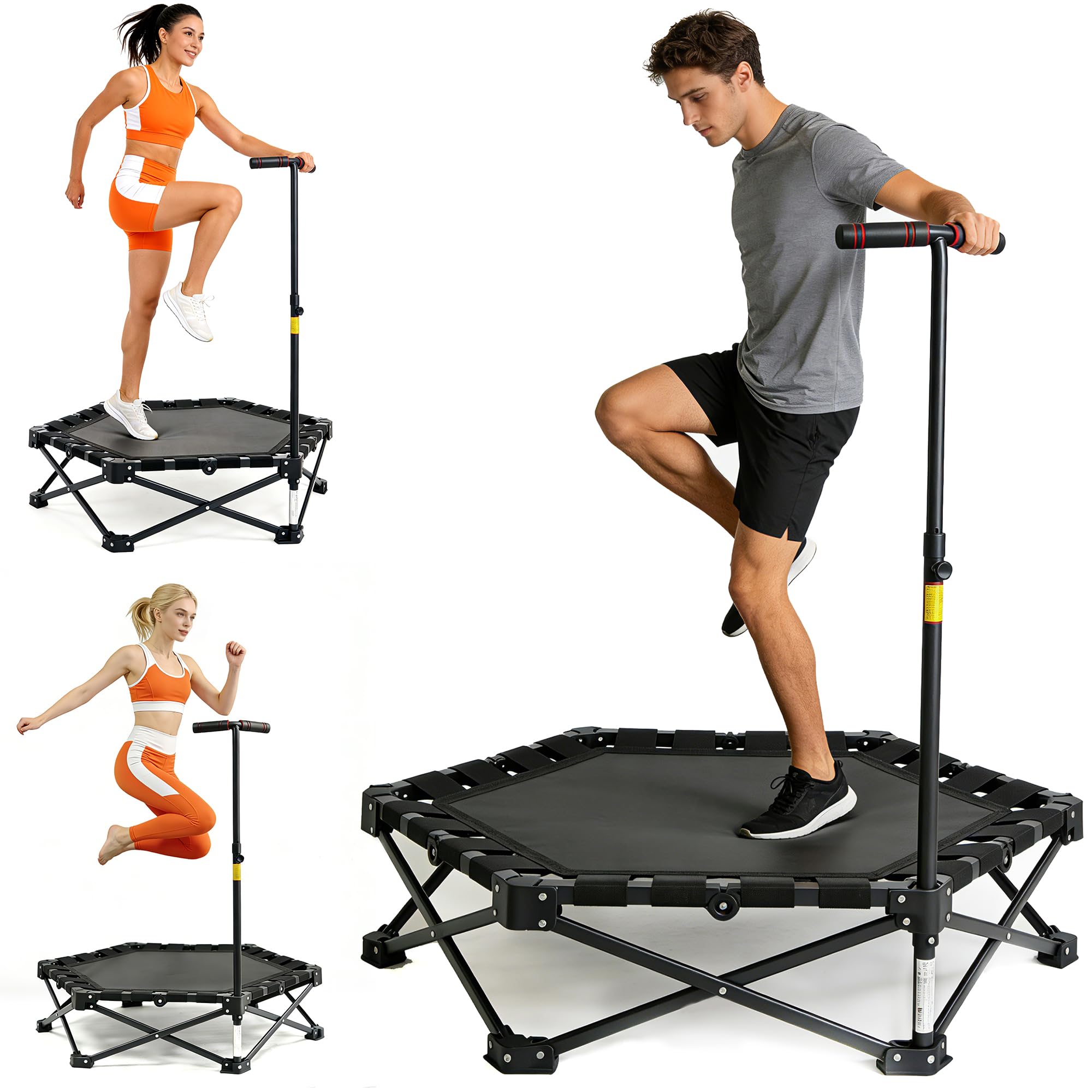 Składana mini trampolina 106 cm, 3-stopniowa regulacja wysokości, bez montażu, do użytku wewnątrz i na zewnątrz, z wytrzymałą ramą X, cicha, antypoślizgowa, do treningu domowego i zabawy