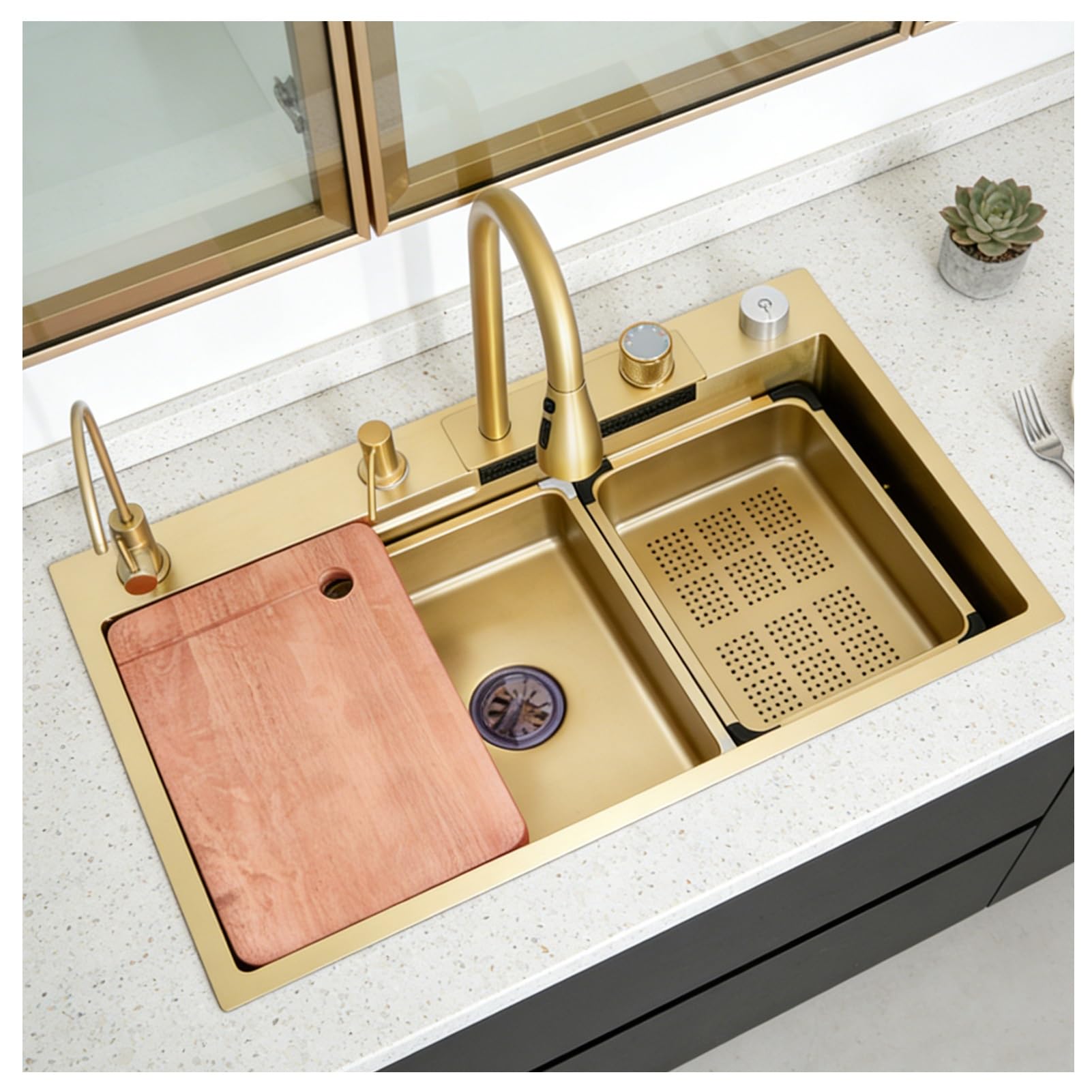 HYSOPSPX Stainless Steel Kitchen Sink, Large Single Bowl Waterfall Thick Handmade Durable Sink with Pull-Out Faucet, Multi-Function Topmount Workstation, Complete Accessories Included(Gold-A,68X45CM)