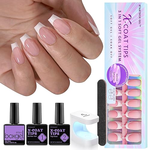 btartboxnails XCOATTIPS - Uñas de gel francesas  Uñas cortas de ataúd con gel de uñas, dúo protector francés, lámpara de uñas, gel suave todo en