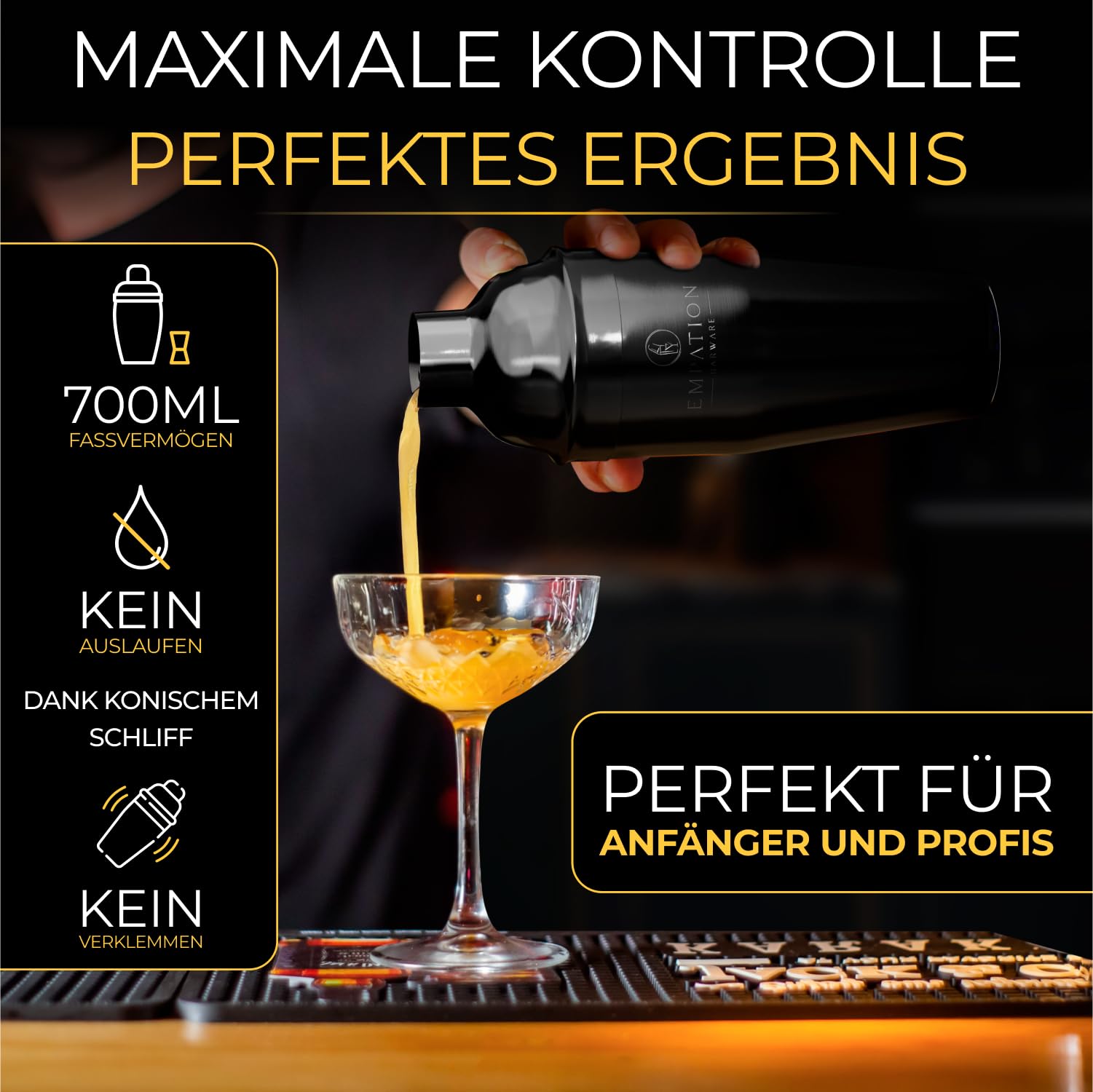 EMPATION Cocktail Shaker Set – 700 Ml, Edelstahl Schwarz – Mit Sieb, Jigger, Rezeptbuch