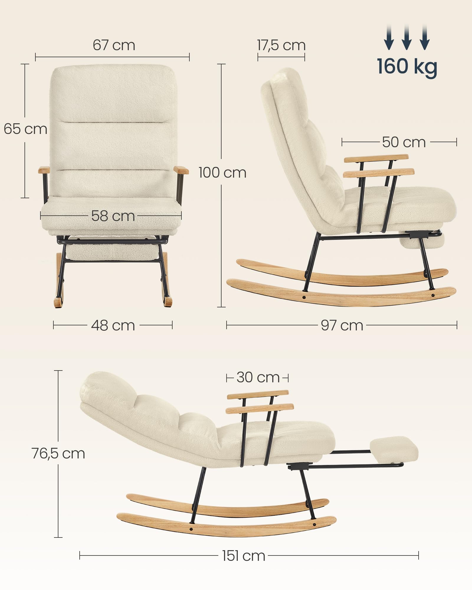 SONGMICS HOME Poltrona a Dondolo, Gambe in Legno di Hevea, Sedia a Dondolo, Schienale Regolabile a 4 Posizioni, Portata Massima 160 kg, Camera da Letto Soggiorno, Marrone Cammello LYY016LJ01